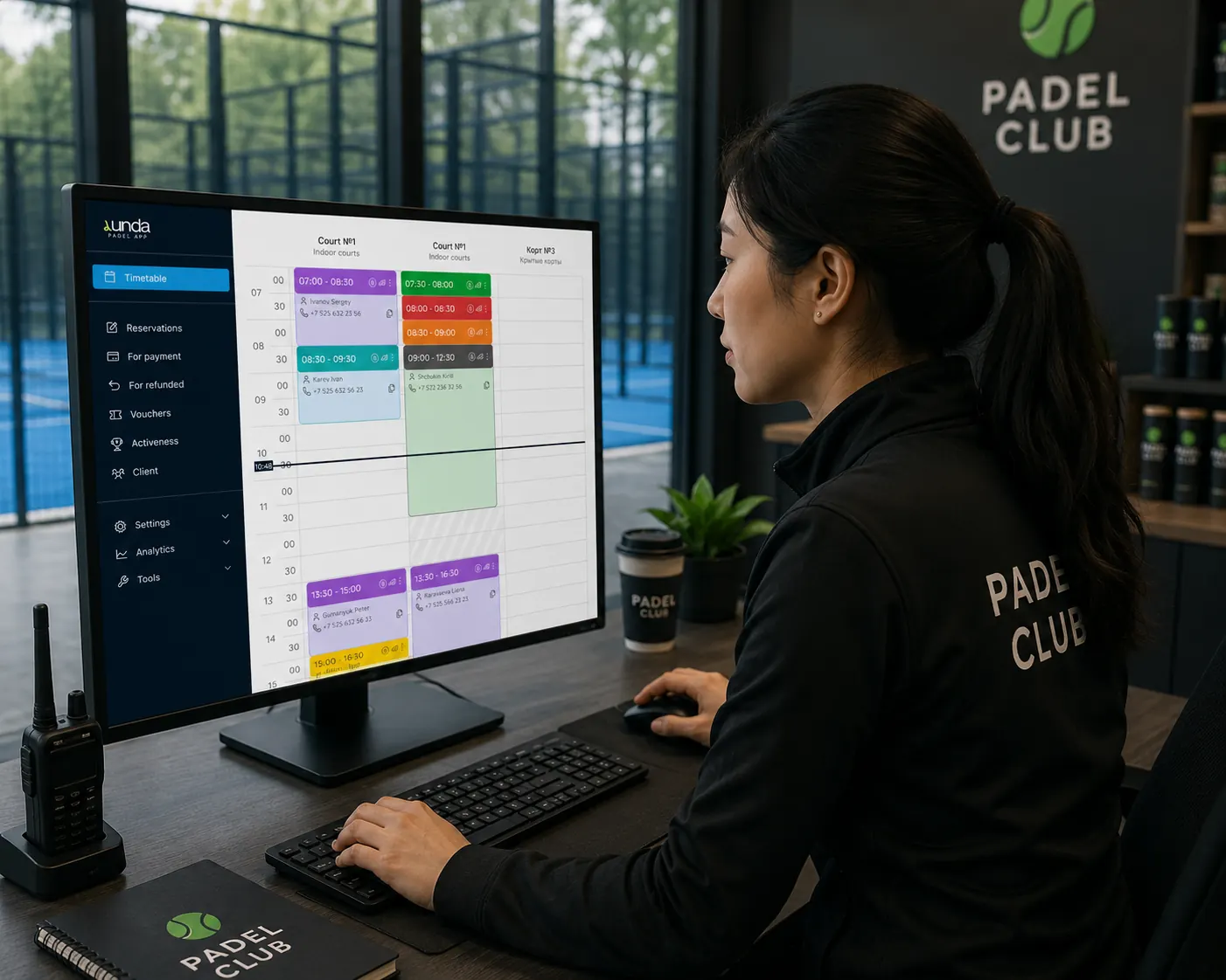 Front-desk staff working with the club platform during a busy changeover, courts visible behind the screen.