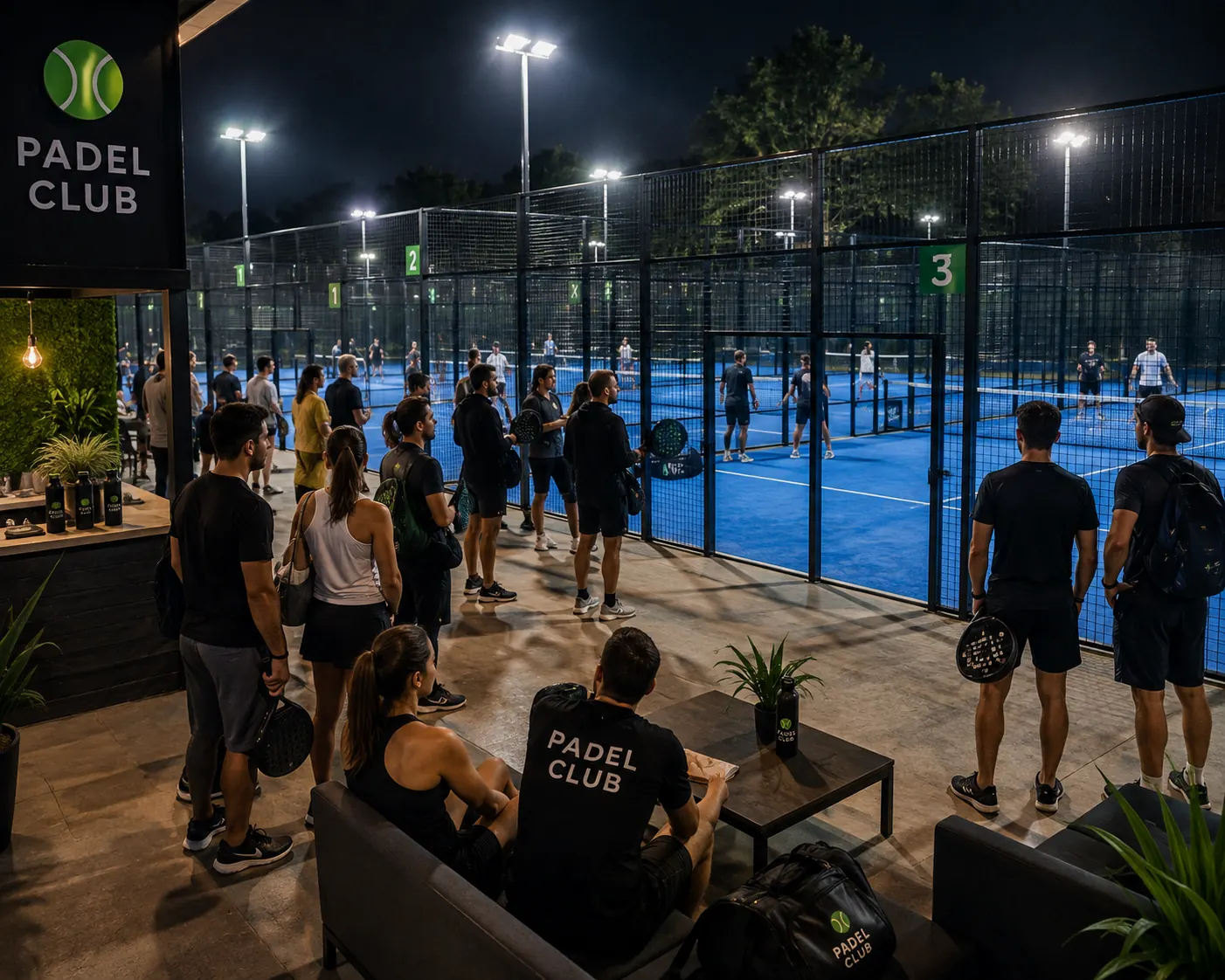 The same club in the evening: courts full, people waiting to go on.