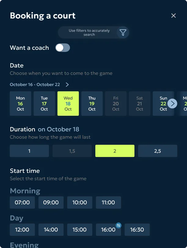 A single booking opened from the calendar: court, date, duration and start time.