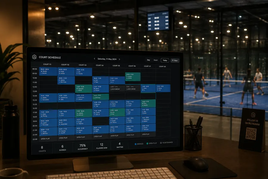 A full operating day across every court: private bookings, open matches, a coaching block and a tournament, with operational statuses. Enough density to look like real work, clean 