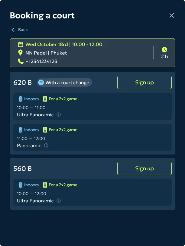 Booking options with price, court type and a peak-time alternative visible.