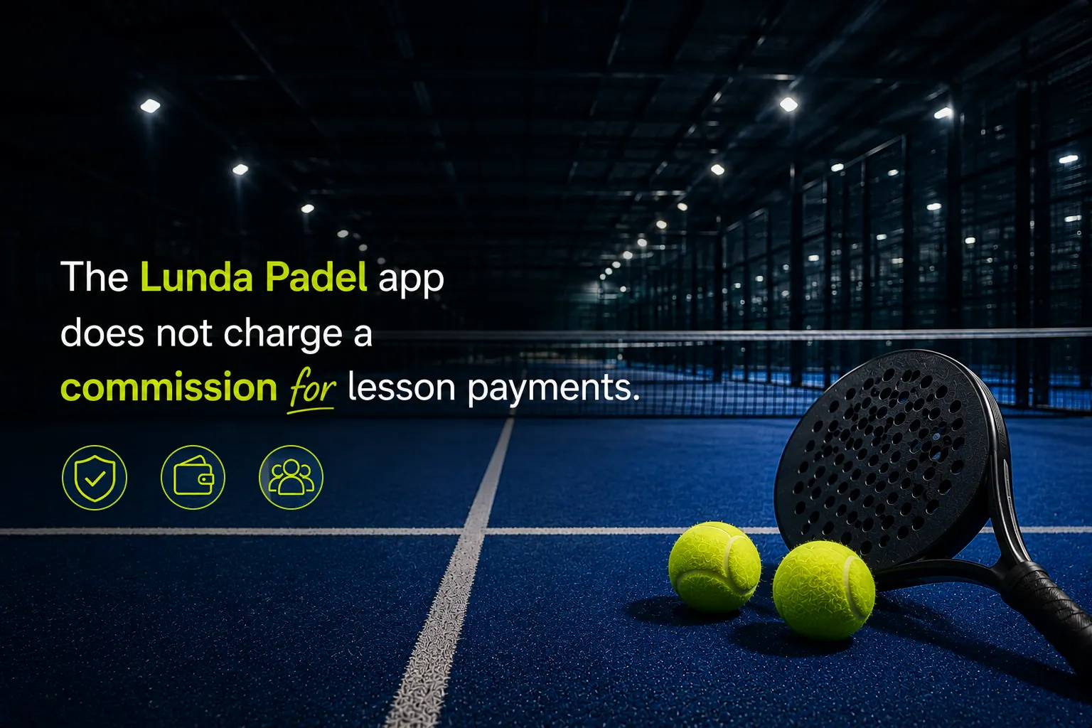 Who charges what: coach session fee, club court fee, payment-provider processing fee, LundaPadel at zero.