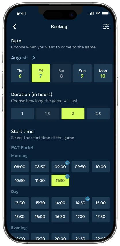 Real availability at nearby clubs — court type, time, price.