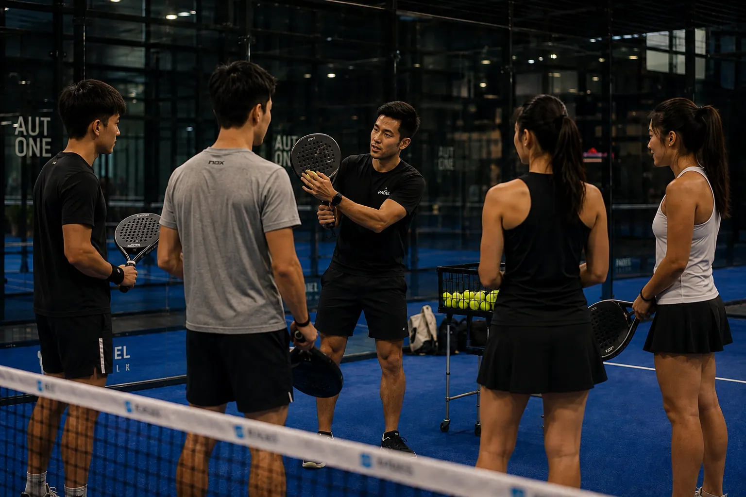 A coach mid-session with four players — feeding balls, correcting a grip, talking rather than posing. Shot at a real club during a real session, not a demonstration.