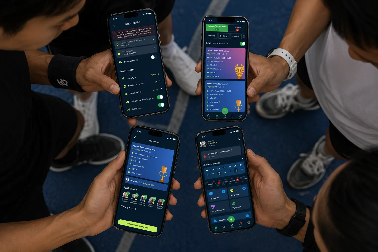 Four people on court, phones in hand, looking at the same app together.