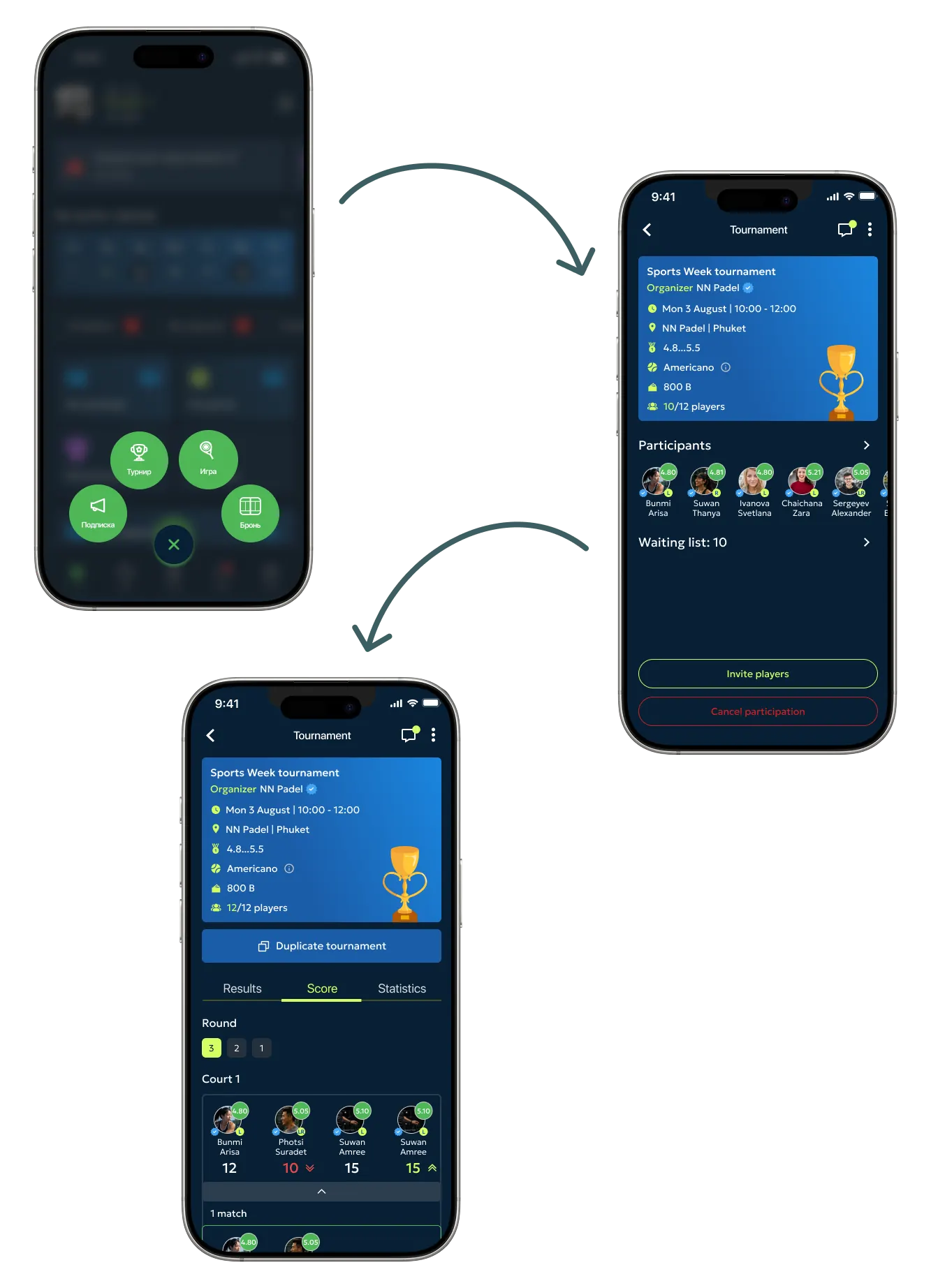 Event lifecycle in the organizer app: configure, publish, manage participants and generate rounds.
