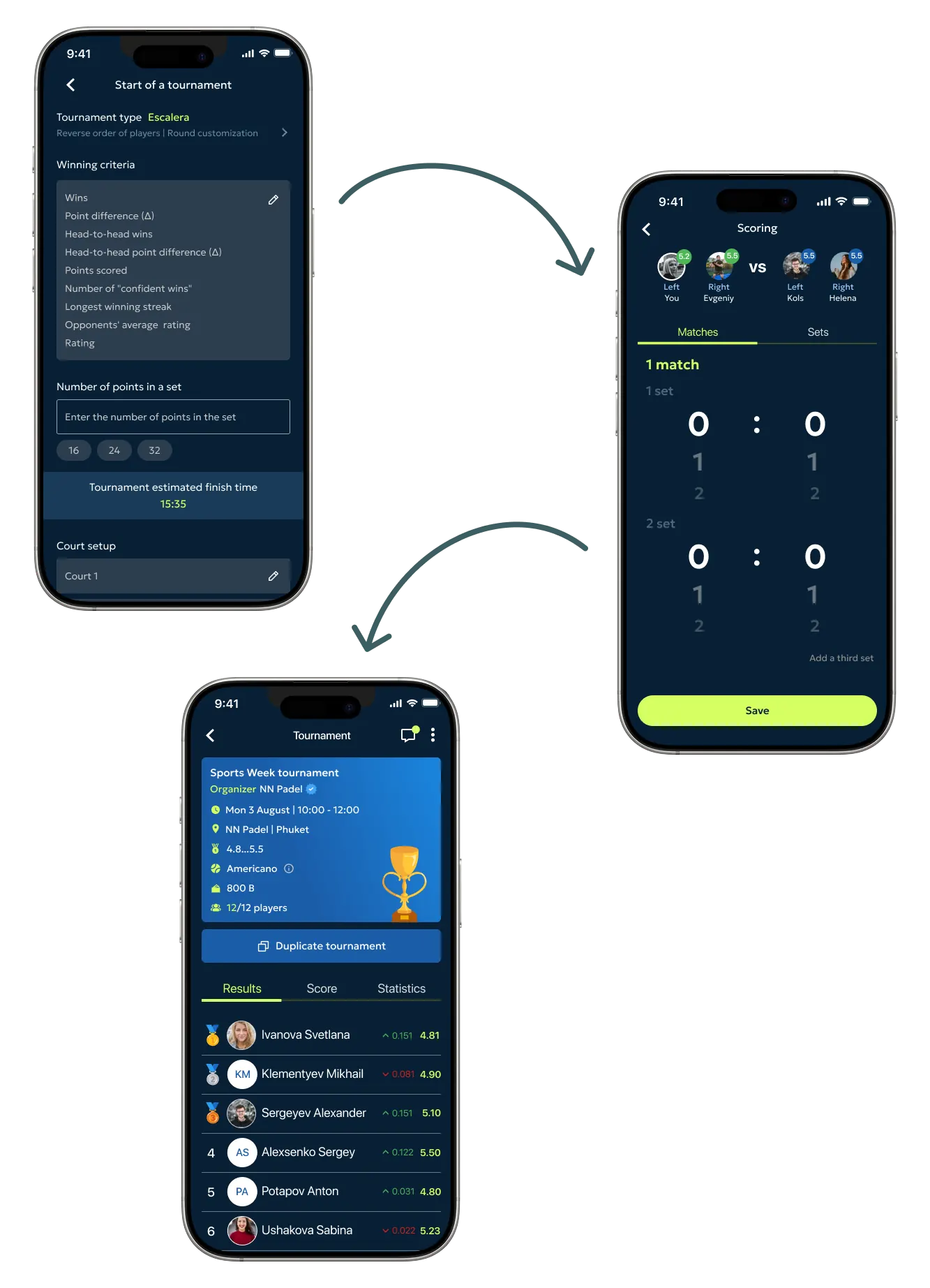 Live operations: tournament setup, courtside scoring and final standings in the organizer app.
