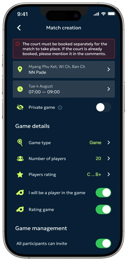 Creating a game: club, court, time, visibility, rating range, number of free places.