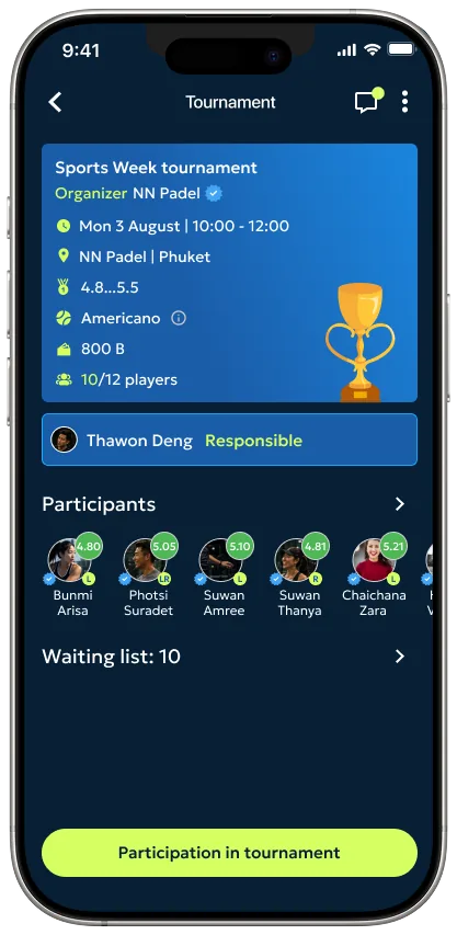 Confirmed game: participants, court, time, per-player share and chat.