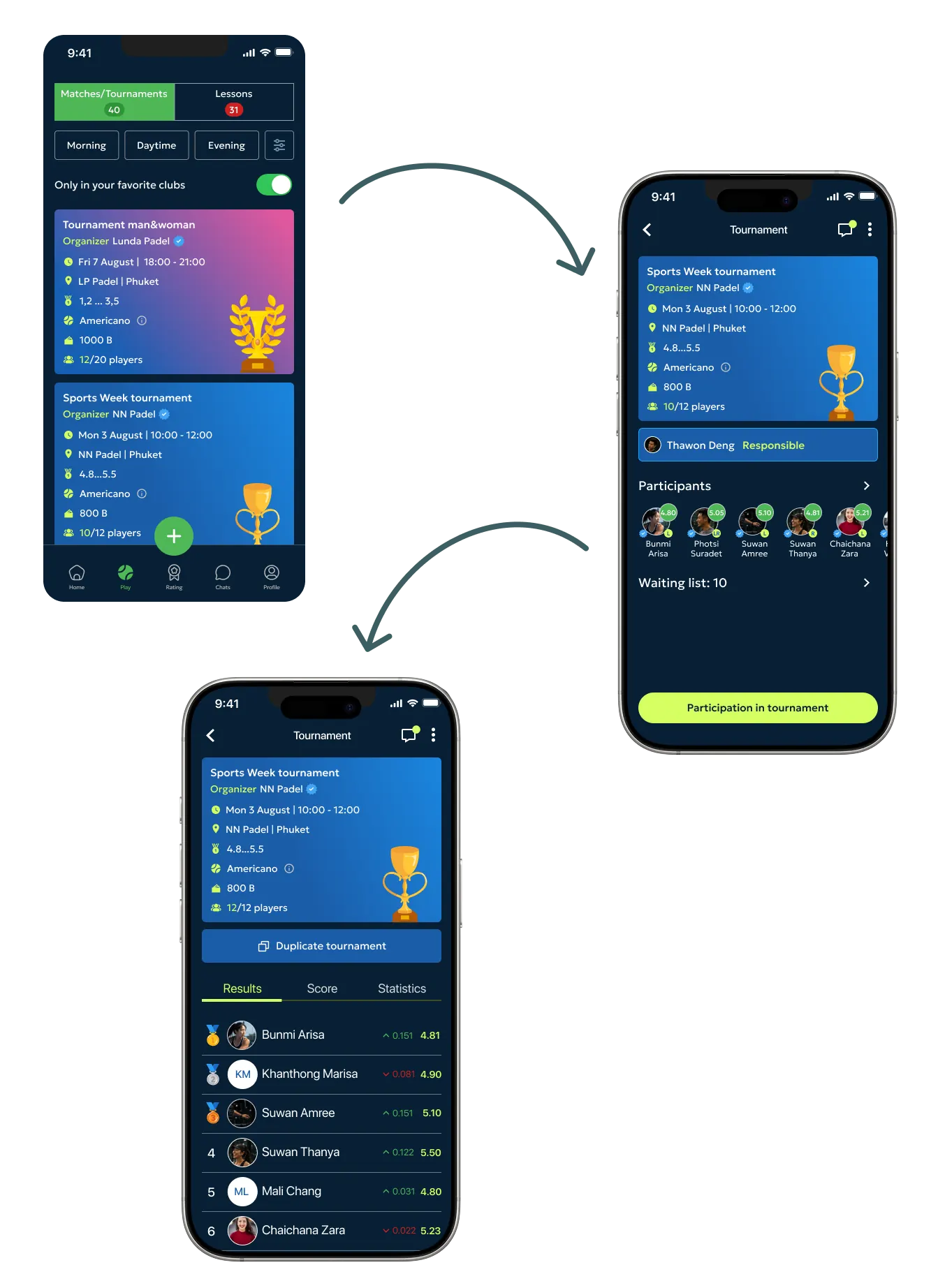 Tournament from the player side: listing, registration and live standings.